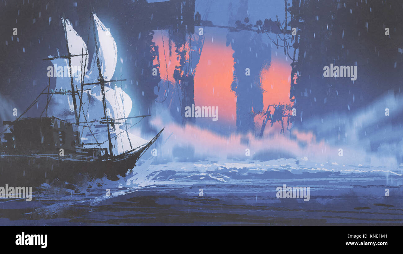 Segelschiff auf Welle der Ozean in die verlassene Stadt, digital art Stil, Illustration Malerei Stockfoto