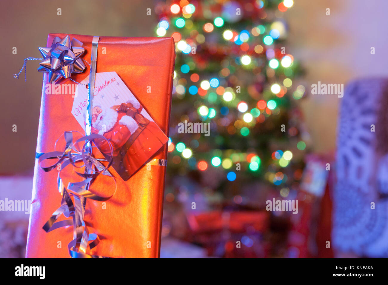 Nahaufnahme von weihnachtsbaum mit Geschenk in Baum verpackt Nach oben Stockfoto