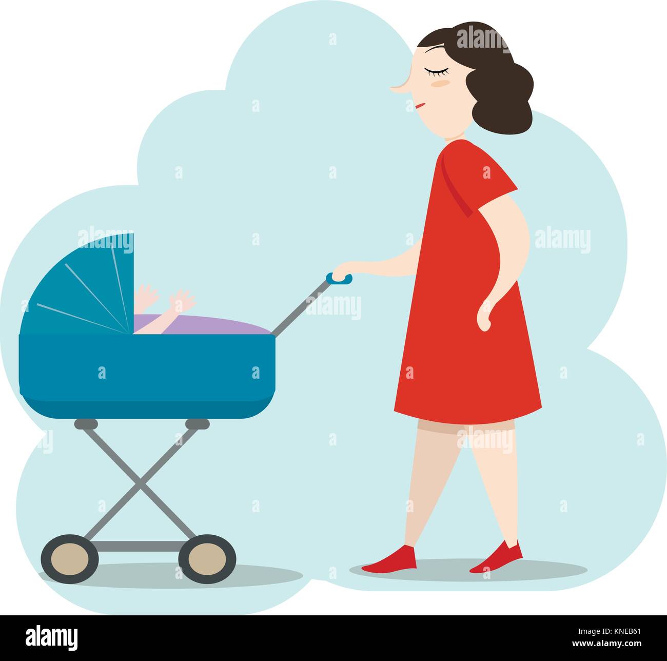 Schöne junge Mutter im roten Kleid zu Fuß mit Ihrem neugeborenen Baby in einem Kinderwagen blau bunt Vector Illustration Stock Vektor