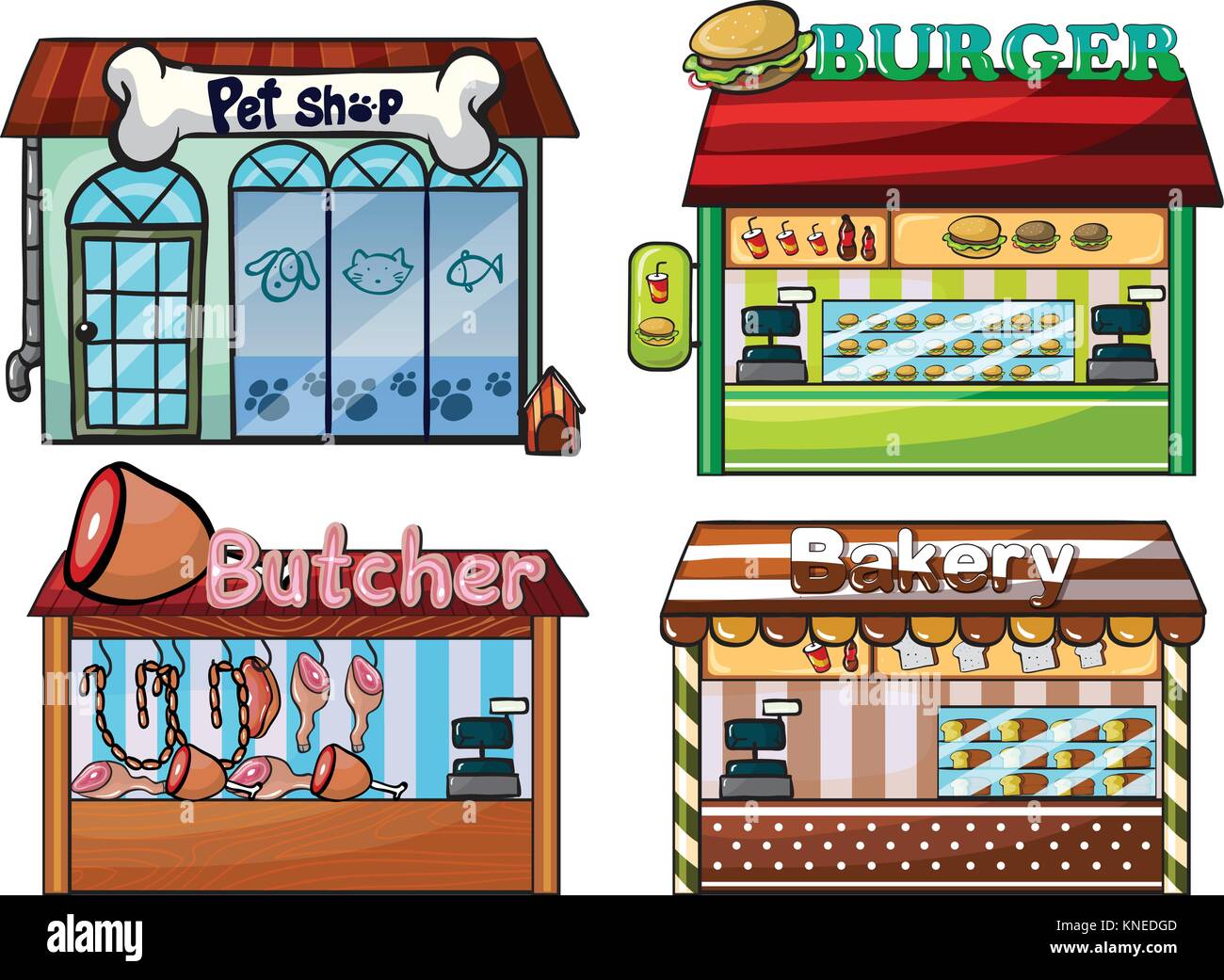 Abbildung: petshop, Burger stehen, Metzgerei und Bäckerei auf weißem Hintergrund. Stock Vektor