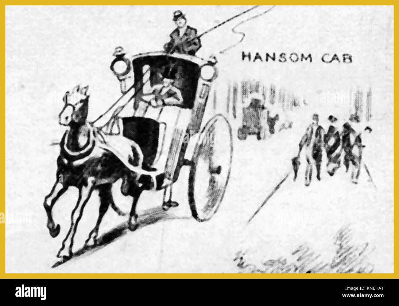 Pferdekutschen- Transport - 1940 Abbildung mit einem viktorianischen Hansom Cab Stockfoto