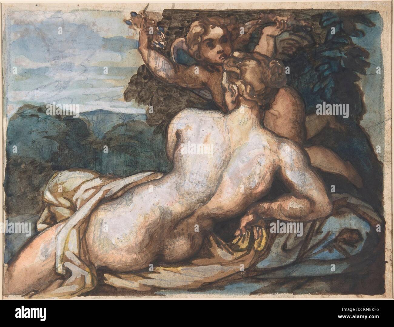 Venus und Amor in einer Landschaft, nach Annibale Carracci (recto); ein Krieger mit Schild und Schwert, gesehen von der Rückseite (verso). Künstler: Théodore Stockfoto