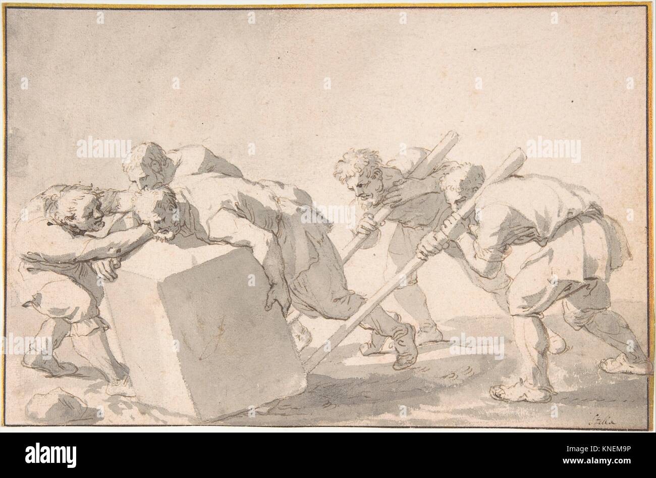 Fünf Männer Drücken einen Block aus Stein. Artist: Jacques Stella (Französisch, Lyons 1596-1657 Paris); Datum: Anfang des 17. Jahrhunderts; Medium: Stift und Braun, Pinsel Stockfoto