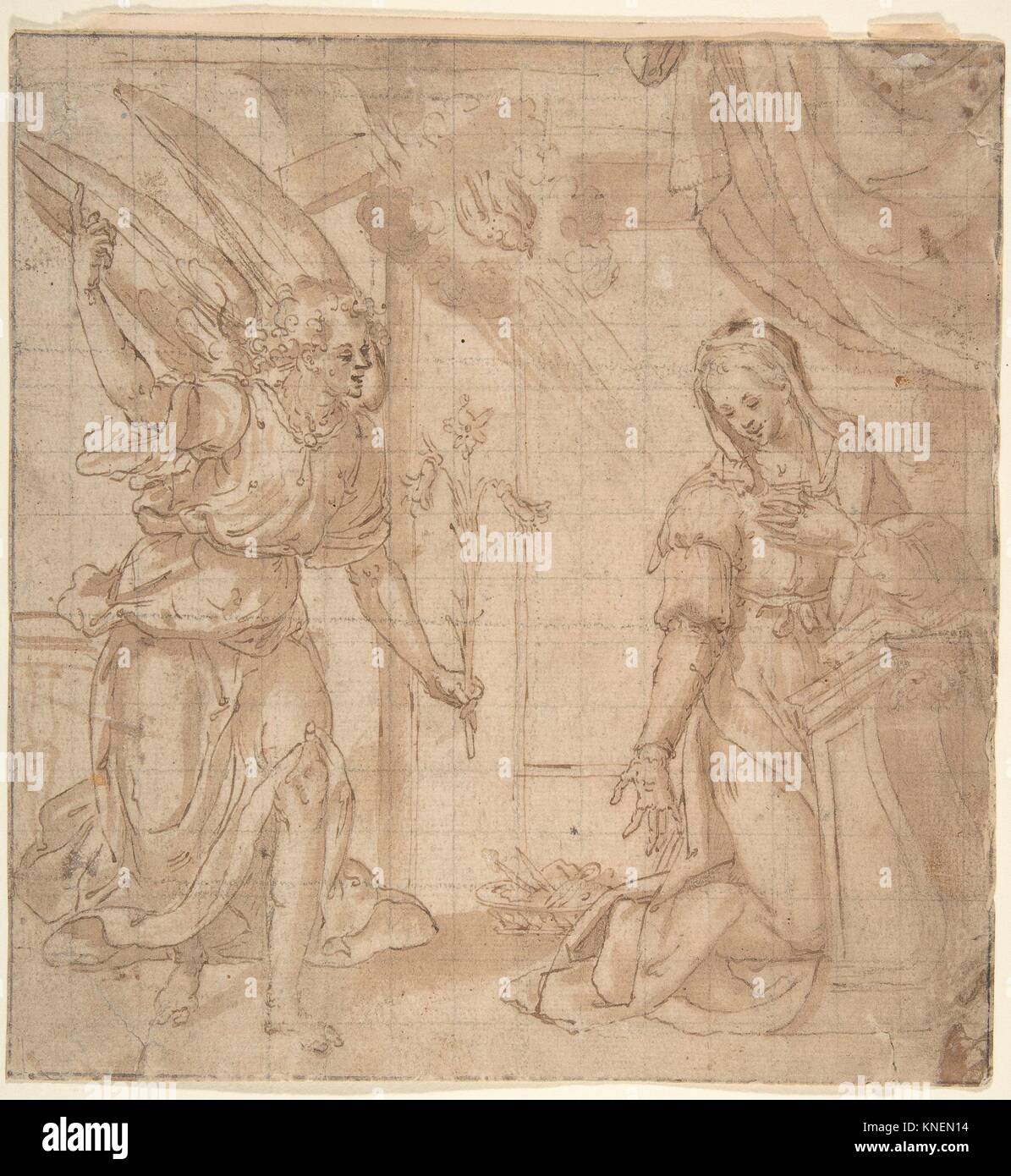Verkündigung. Artist: Marchigian Künstler in der Nähe von Filippo Bellini (Italienisch, Urbino 1550/55-1604 Macerata); Datum: 1560-1600; Medium: Stift und Tinte, Braun Stockfoto