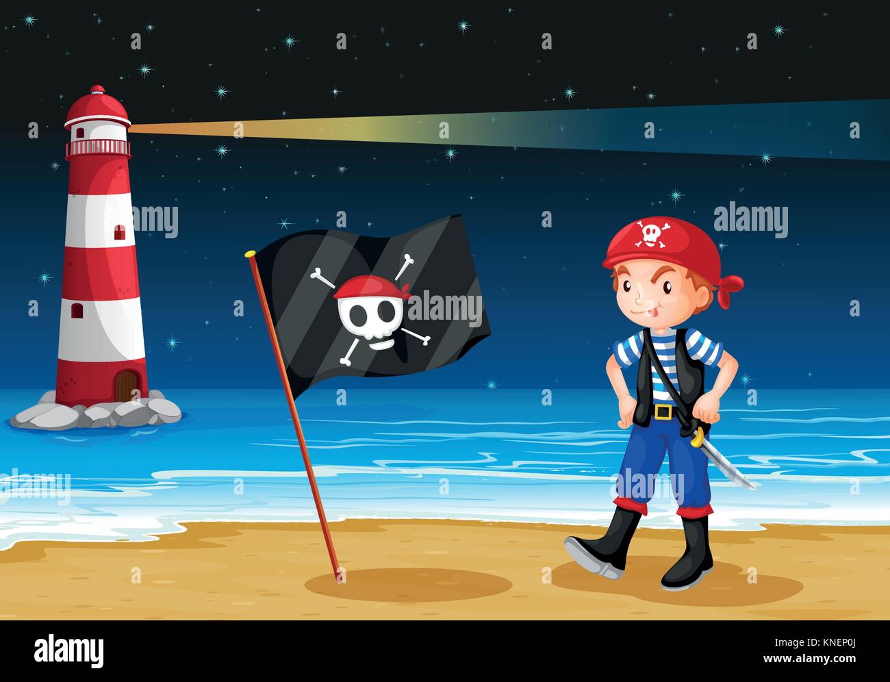 Abbildung: ein Pirat und ein Leuchtturm Stock Vektor