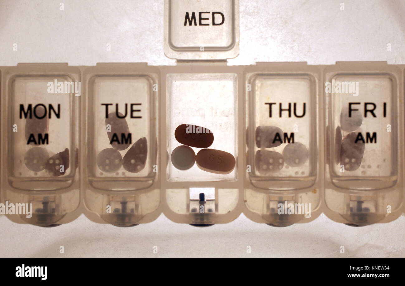 Drogen für die Parkinson Krankheit werden in einem gestellten Foto Studio in London, Großbritannien am 11. Dezember 2017 angezeigt Stockfoto