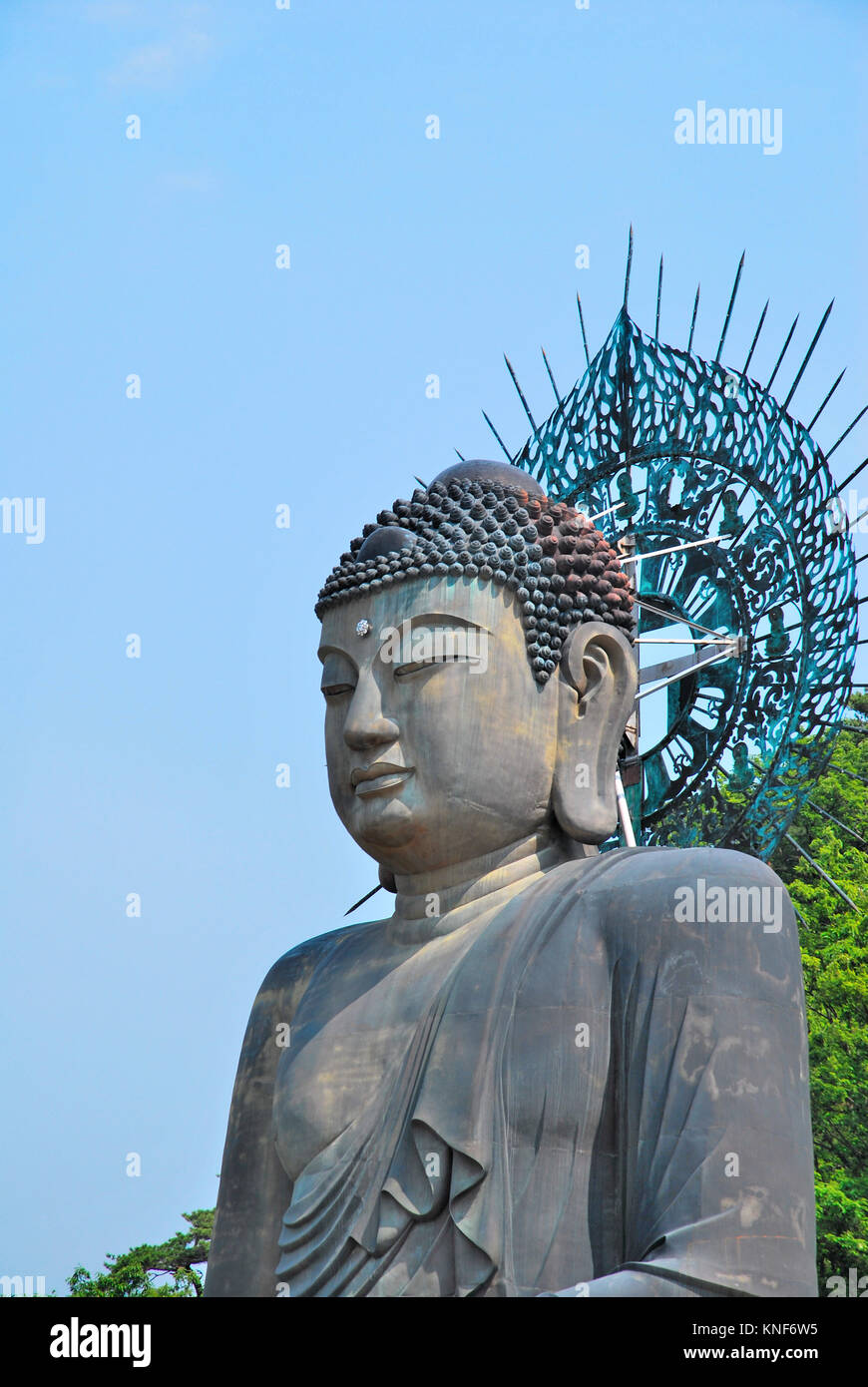 Blick auf die obere Hälfte des majestätischen, bronze Buddha Statue. Ein Symbol der Religion, des Glaubens, der Hoffnung und des Friedens. Stockfoto
