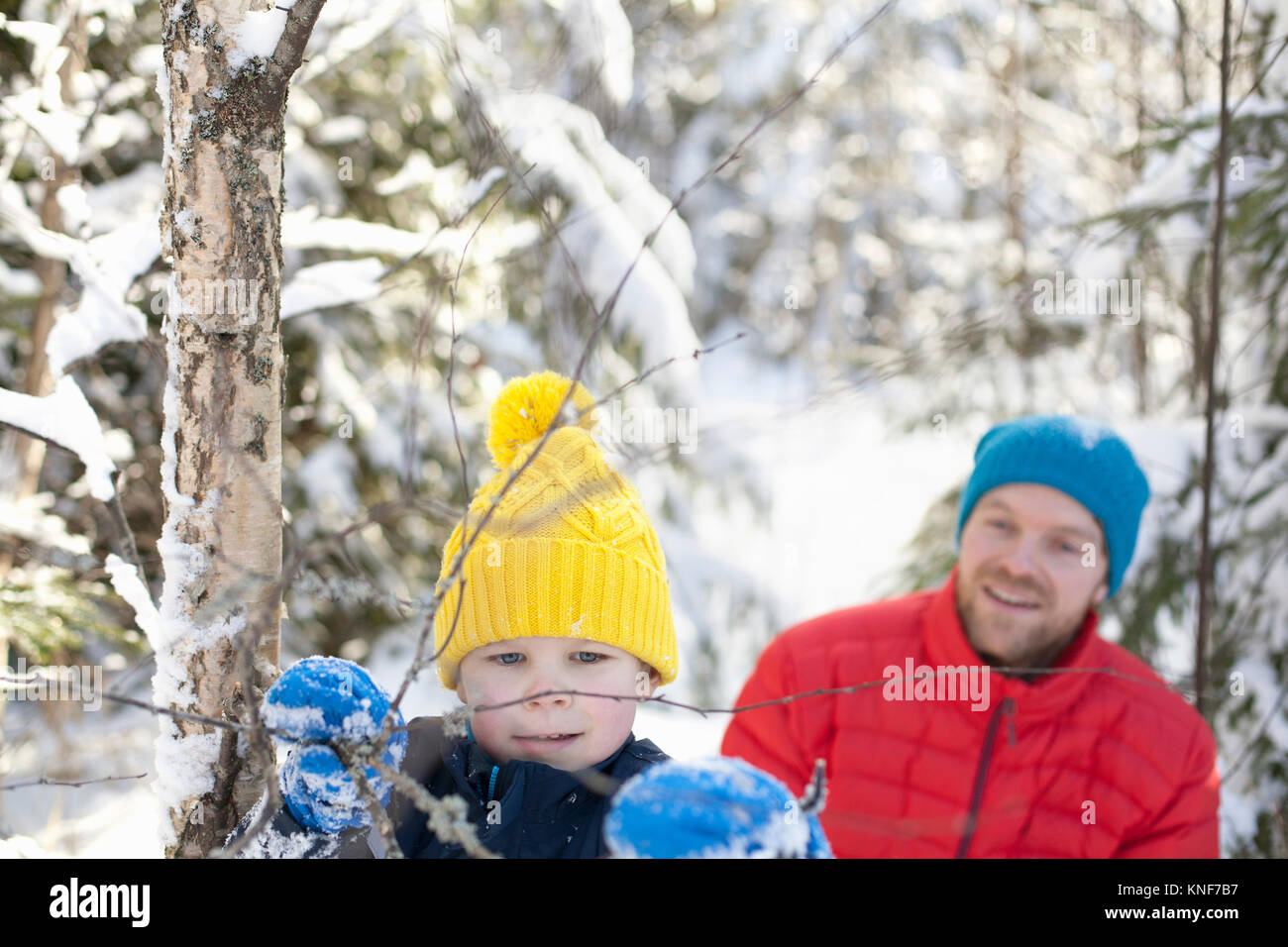 Mann und Sohn gesucht am Baum Zweige im verschneiten Wald Stockfoto
