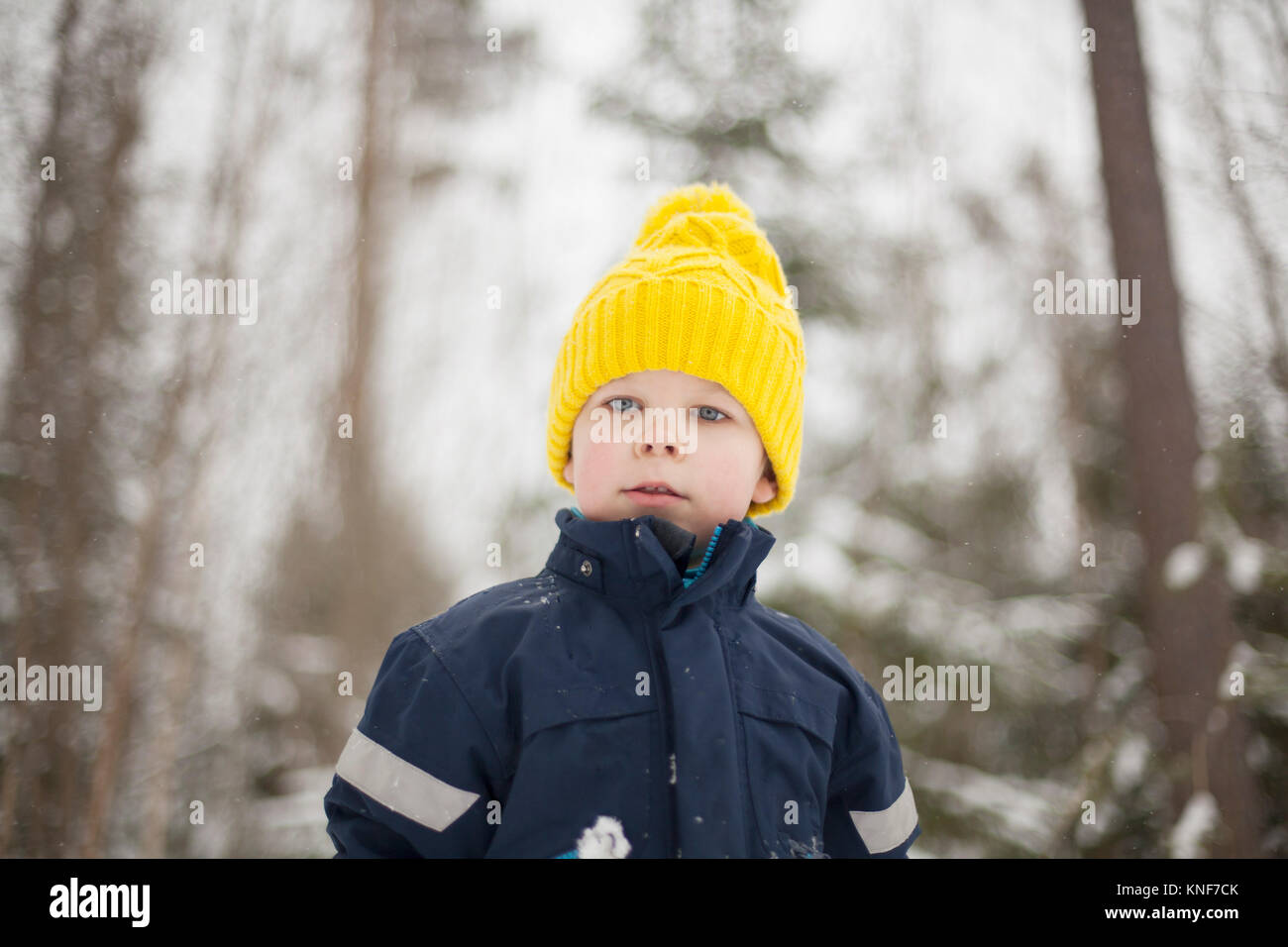Junge in Gelb stricken Hut im verschneiten Wald Stockfoto