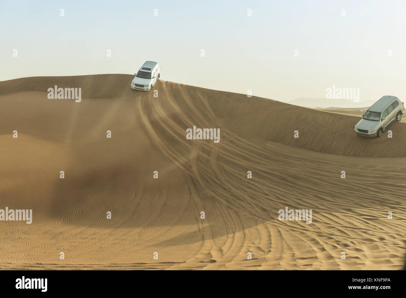 Off-road-Fahrzeuge fahren auf Dünen der Wüste, Dubai, Vereinigte Arabische Emirate Stockfoto