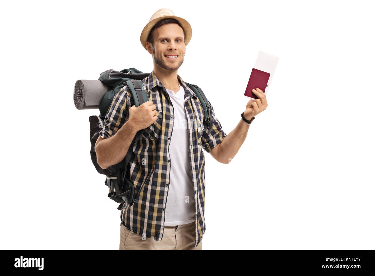 Touristen mit einem Rucksack und einem Pass auf weißem Hintergrund Stockfoto