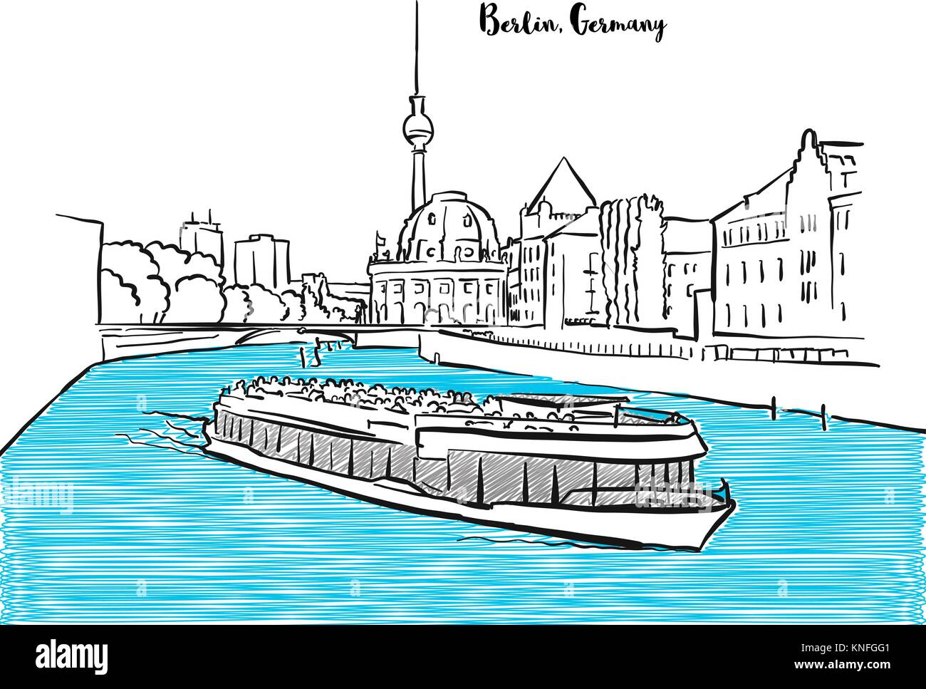 Berlin Sehenswürdigkeiten panorama Skizze. Stadtbild wit Fernsehturm, Bode Museum, Boot und Spree. Vektor Zeichnung Stock Vektor