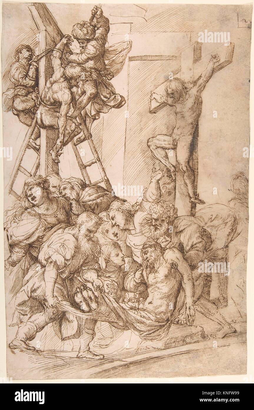 Die Ablagerung von Kreuz. Artist: Domenico Campagnola (Italienisch, Venedig (?) 1500-1564 Padua); Datum: Ca. 1500; Medium: Stift und Tinte; Braun Stockfoto