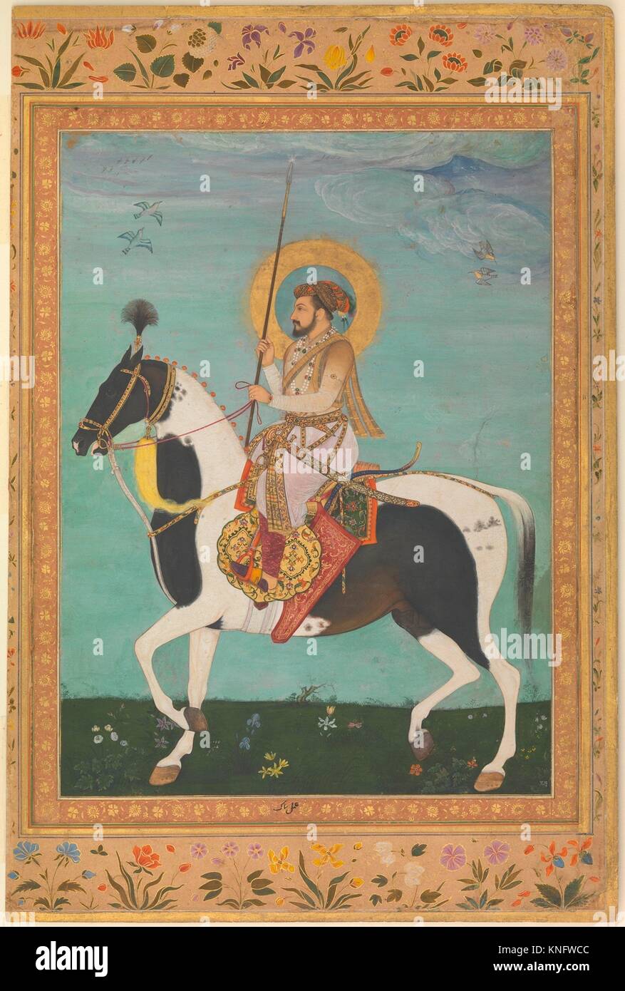 Shah Jahan auf dem Pferderücken, Folio aus dem Shah Jahan Album. Artist: Gemälde von Payag (Indisch, aktive Ca. 1591-1658); Kalligraph: Mir 'Ali Haravi (d. Stockfoto