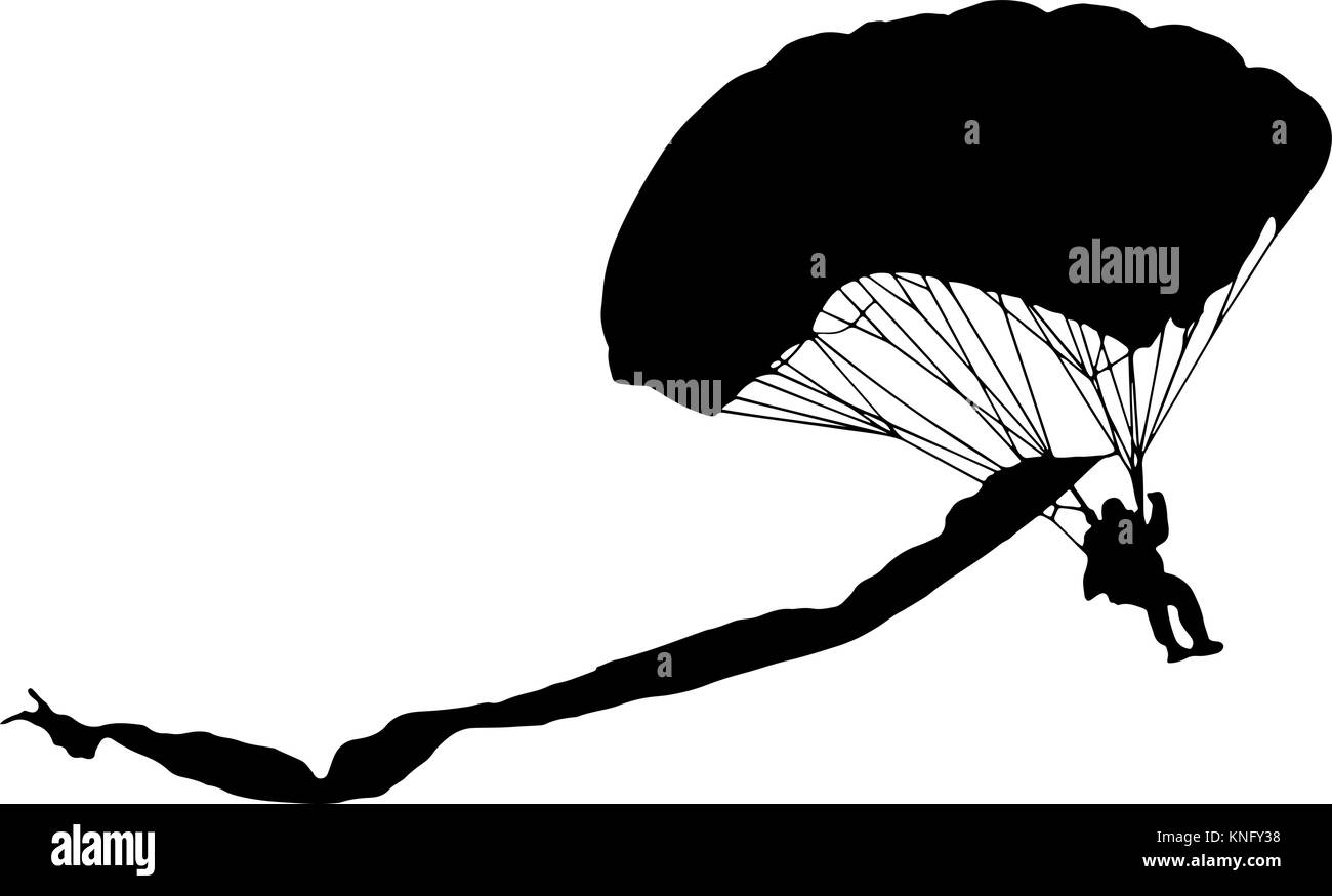 Senken der Fallschirmspringer mit bunten Fallschirm vector Silhouette Stock Vektor