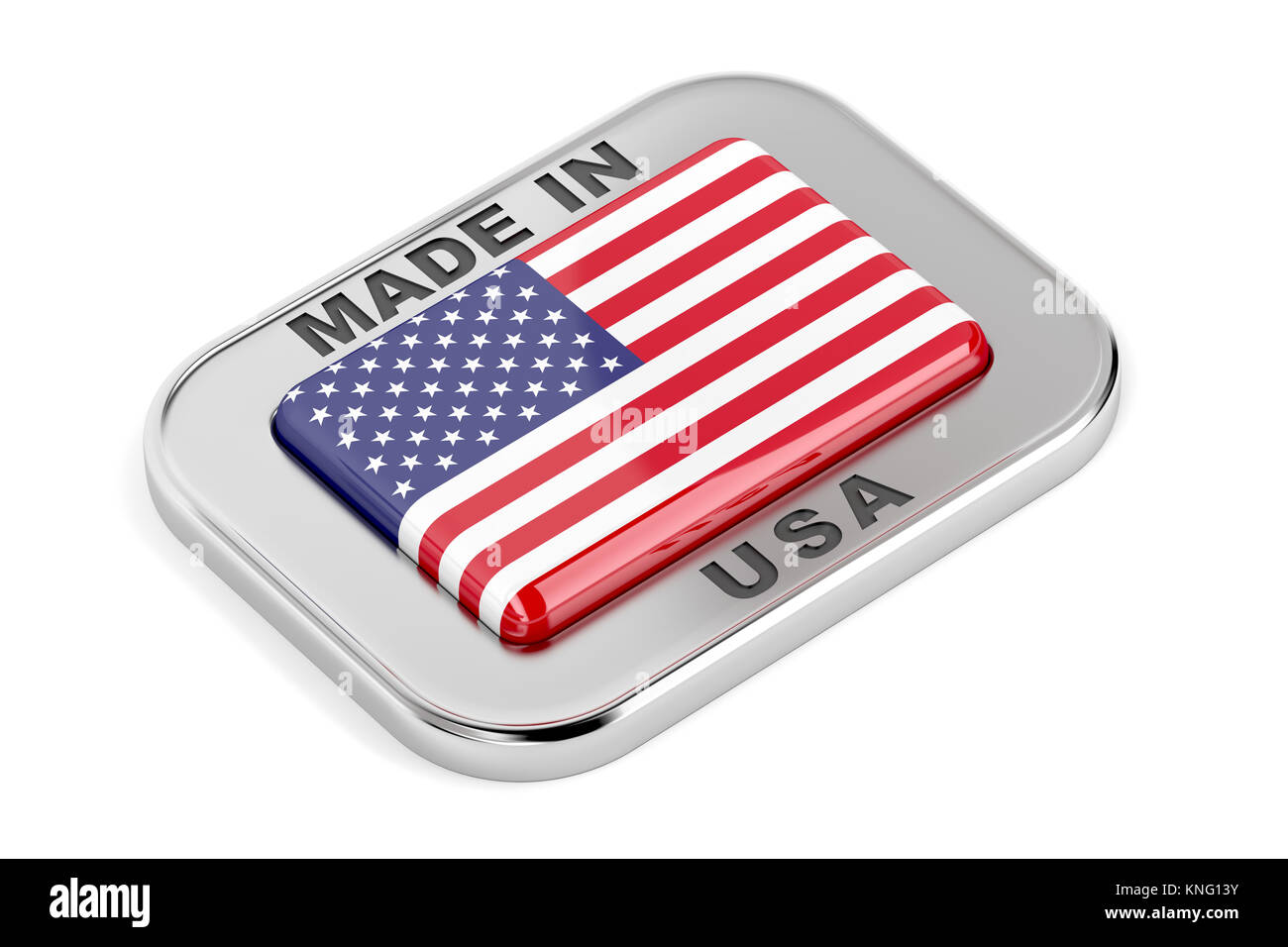 Hergestellt in den USA, Silber Abzeichen auf weissem Hintergrund Stockfoto