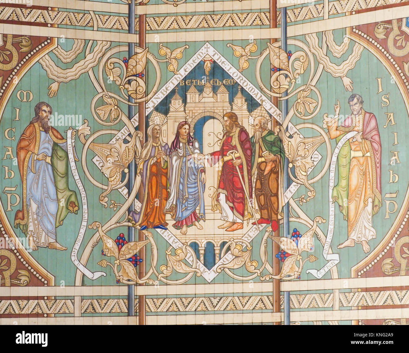 EINE DECKENPANEELE IM DACH, DIE DIE GESCHICHTE DES MENSCHEN, ELY CATHEDRAL, ELY, CAMBRIDGESHIRE DARSTELLEN Stockfoto