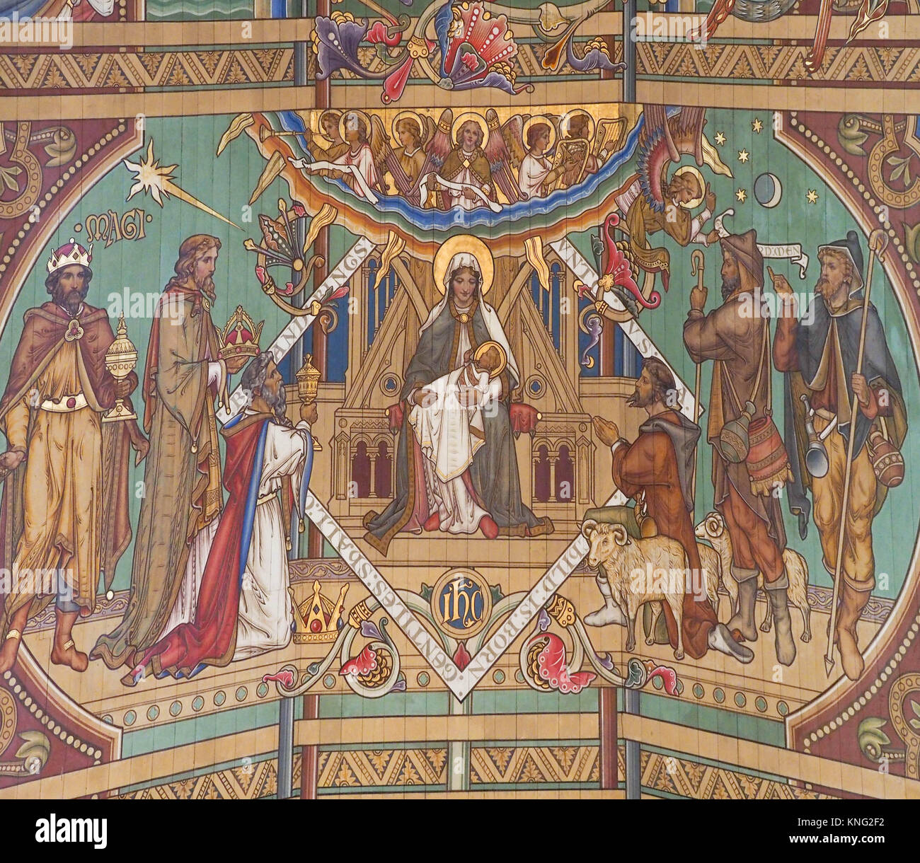 EINE DECKENPANEELE IM DACH, DIE DIE GESCHICHTE DES MENSCHEN, ELY CATHEDRAL, ELY, CAMBRIDGESHIRE DARSTELLEN Stockfoto