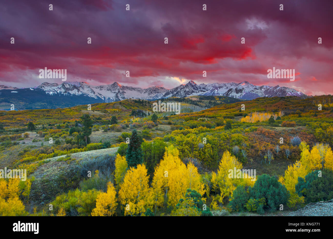 Sonnenuntergang über San Juan Berge und Herbst Farben der Dallas Divide Ridgway, Colorado, Amerika Stockfoto
