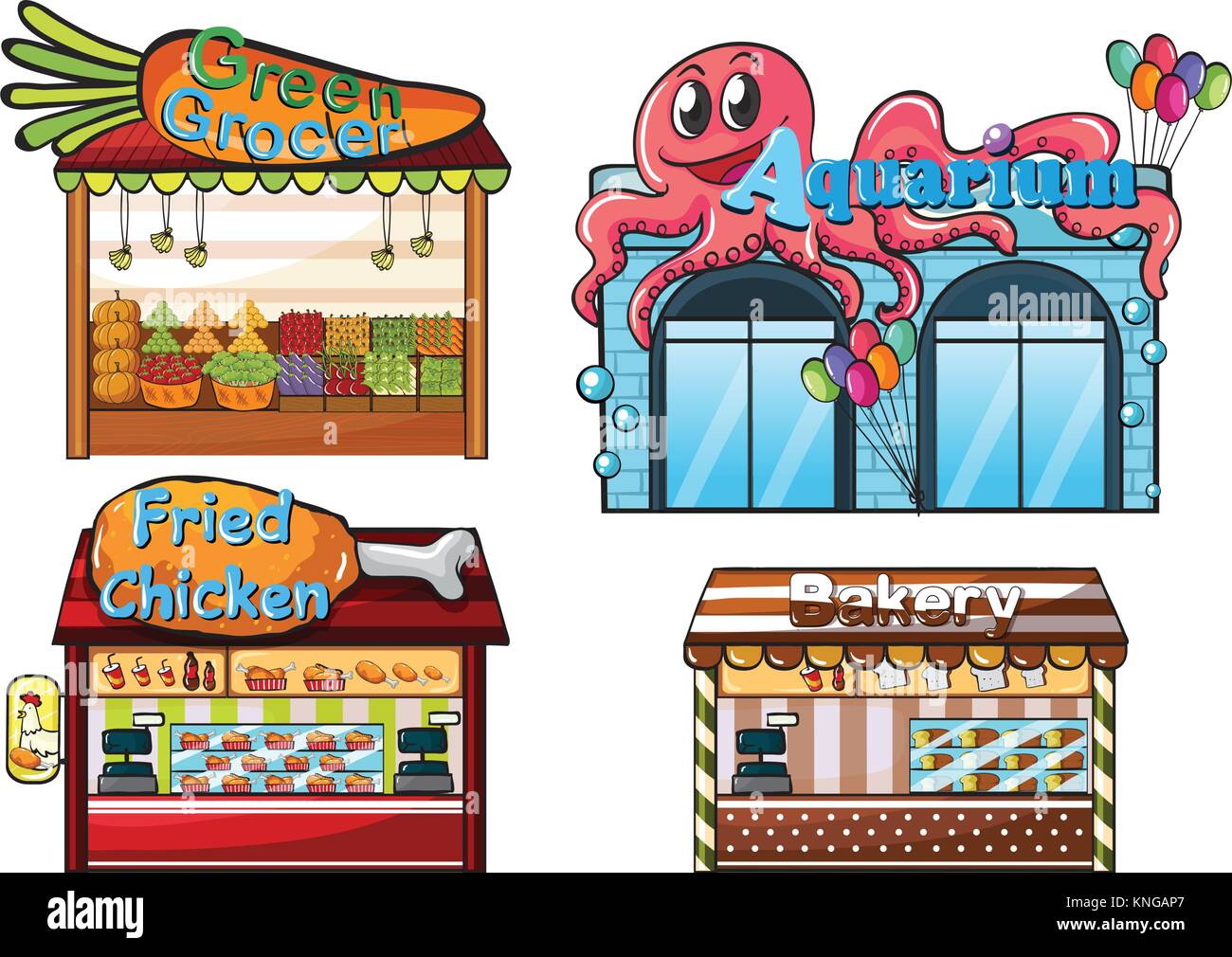 Abbildung: fruitstand, ein Aquarium, eine Garküche und eine Bäckerei auf weißem Hintergrund Stock Vektor