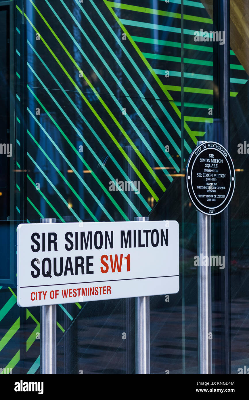 Sir Simon Milton Square Street, Victoria, London, England, Großbritannien Stockfoto