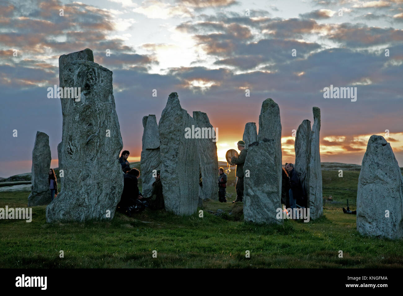 Sommersonnenwende an Callanish standing stones, Isle of Lewis, Schottland Stockfoto