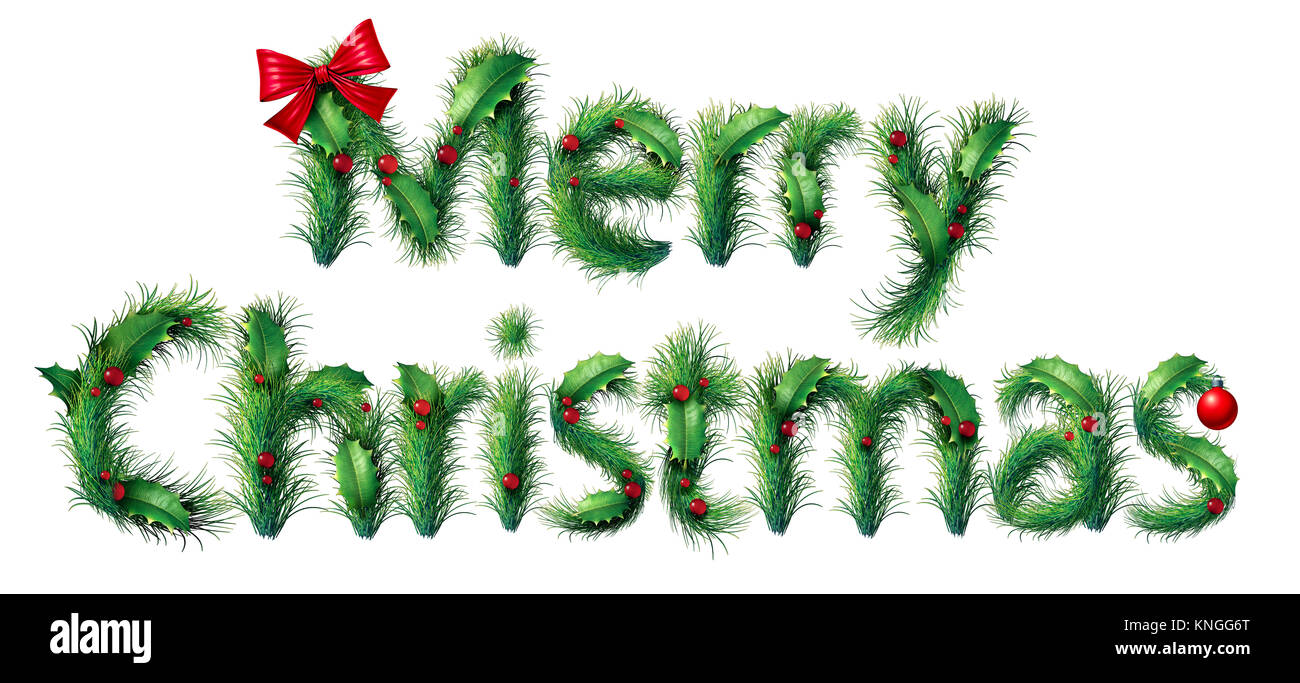 Frohe Weihnachten Text als Winter saison Urlaub Symbol mit Schriftzug aus Ornamenten und Jahreszeit decoratrions auf einem weißen Hintergrund. Stockfoto