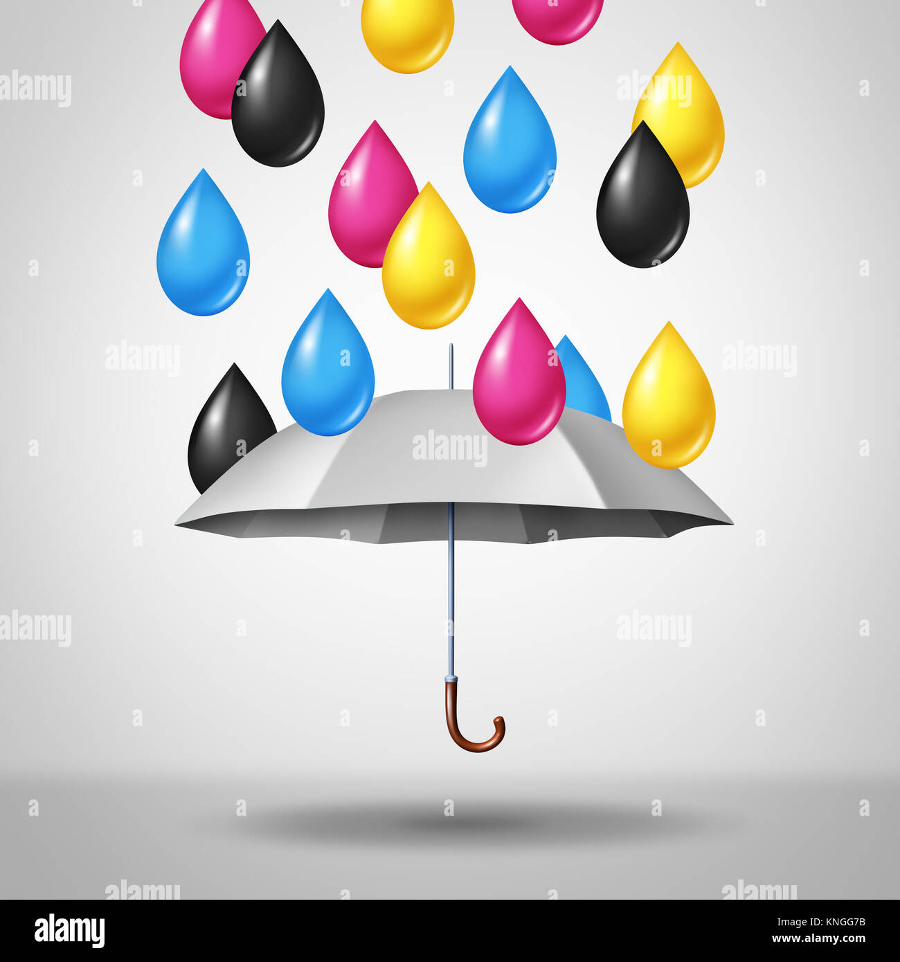 CMYK-Konzept als magenta cyan gelb und schwarz unten regnet als Tropfen auf einem weißen Regenschirm mit 3D-Illustration Elemente. Stockfoto