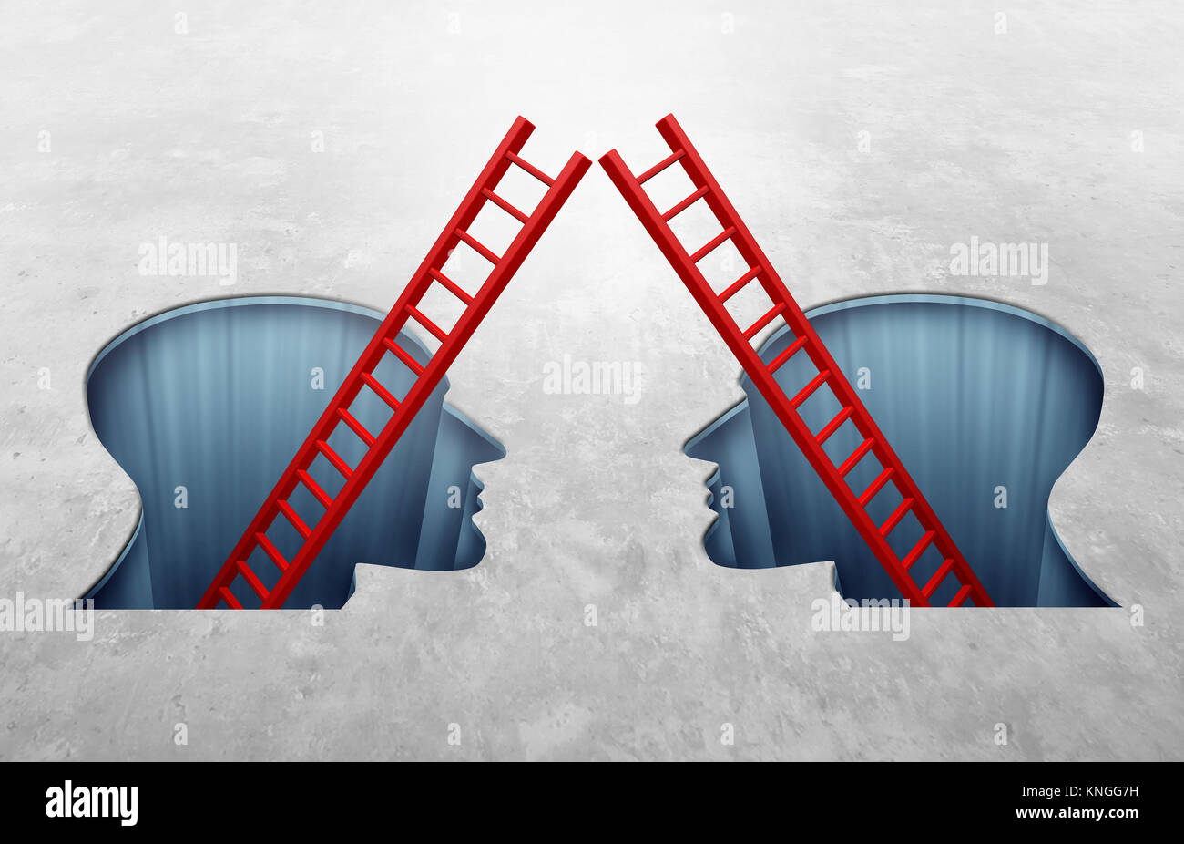Versöhnung Konzept und acomodation Symbol als zwei Löcher geformt als menschliche Köpfe mit Leitern zusammen treffen als Psychologie oder Business Team als Stockfoto