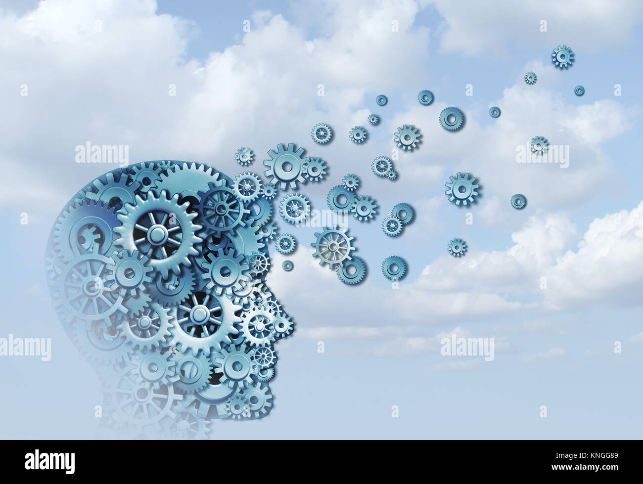 Learning Cloud und Bildung Business Training Konzept als Kopf im Himmel aus Maschine Rädchen mit 3D-Illustration Elemente. Stockfoto