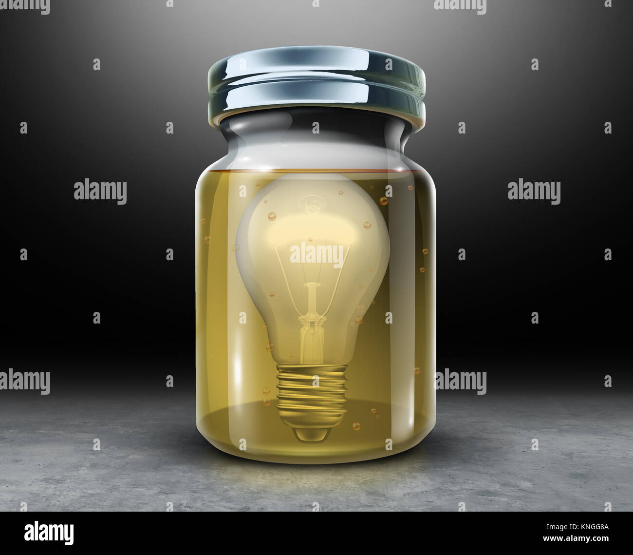 Kreativität Konzept zu bewahren und die Wahrung geistigen Eigentums Symbol wie eine Glühbirne in ein Glas mit Konservierungsmittel Formaldehyd. Stockfoto