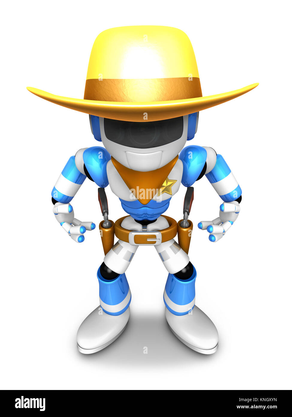 3D blau, die Roboter Sheriff unternimmt stellen eine Schießerei. Erstellen Sie 3D humanoide Roboter-Serie. Stockfoto