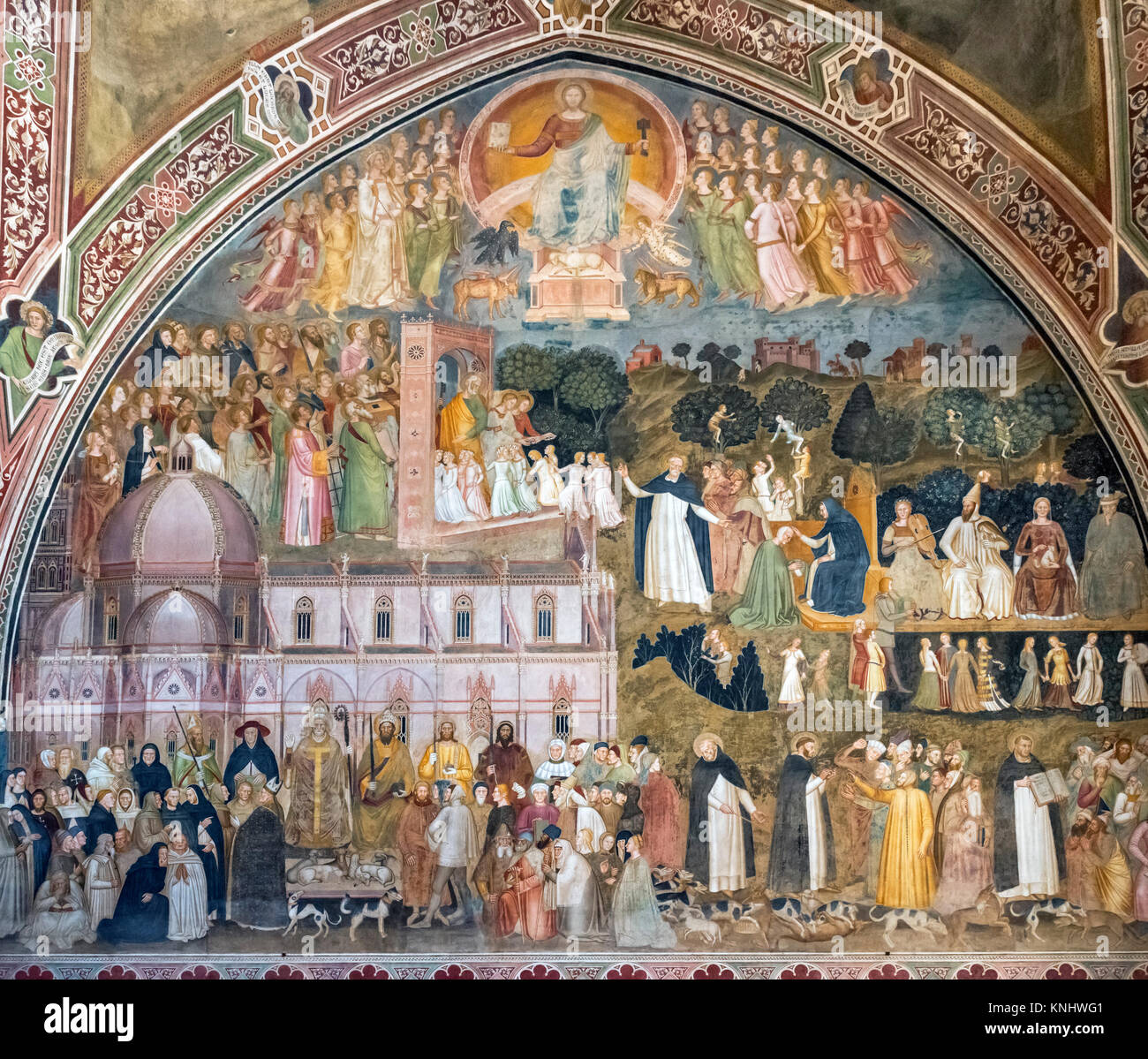 La Chiesa Militante und Triunfante Fresko von Andrea Bonaiuto di, Spanische Kapelle, Kirche Santa Maria Novella, Florenz, Italien Stockfoto