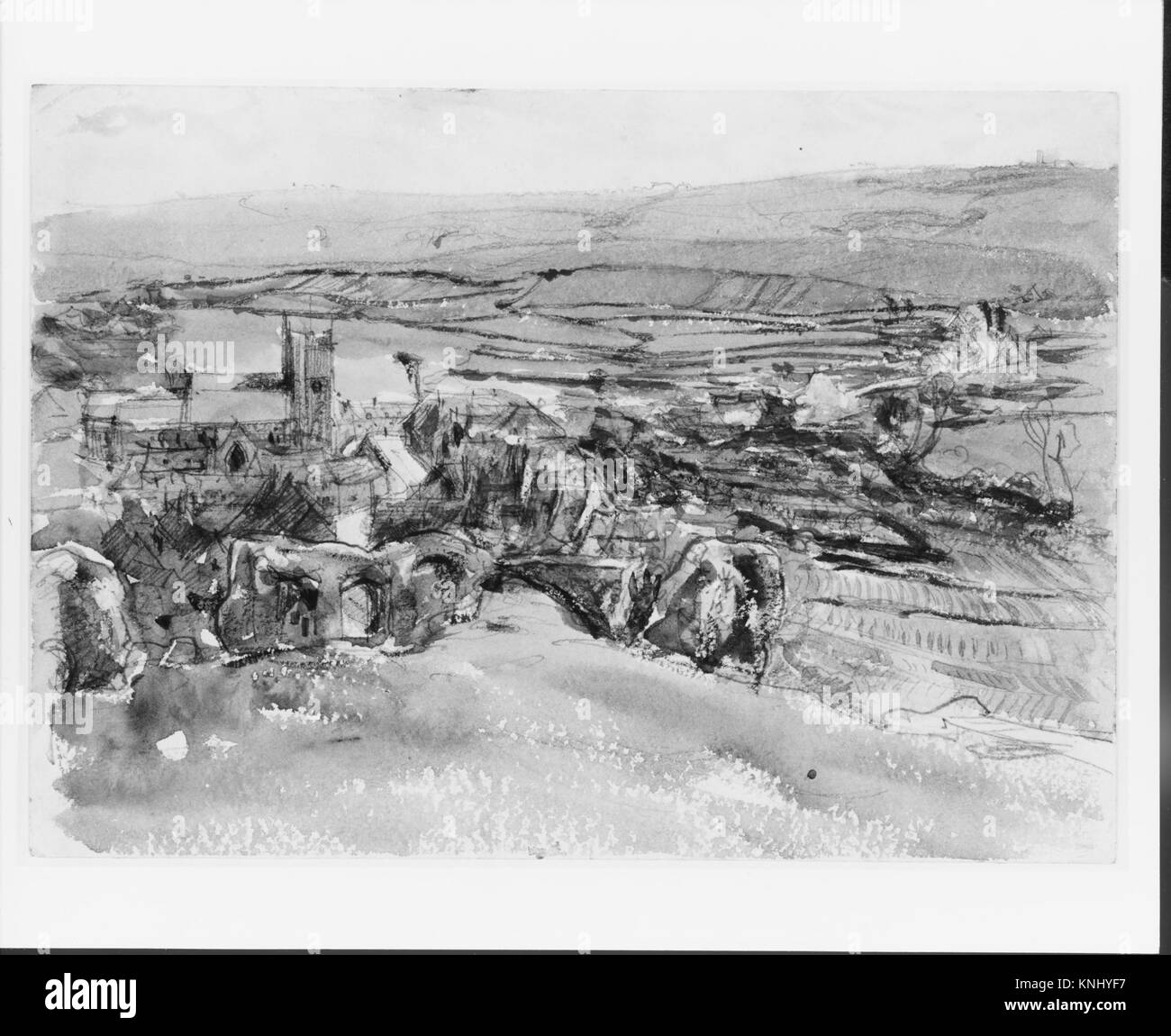 Französische Landschaftsmalerei mit Naturlandschaften, die detaillierten Stilrichtungen und historischen Landschaftstechniken demonstriert, aufbewahrt in einer Museumssammlung zum Studium und zur Ausstellung. Stockfoto