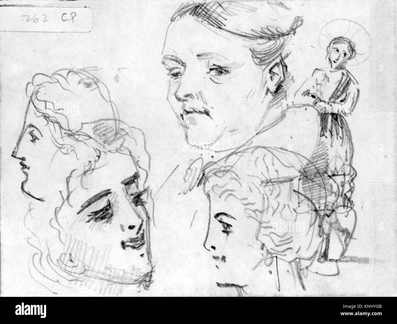 Kunstwerke mit Gesichtern, Bäumen und Pferden, die kompositorische Elemente und natürliche Formen illustrieren, die in einer Museumssammlung aufbewahrt werden. Stockfoto