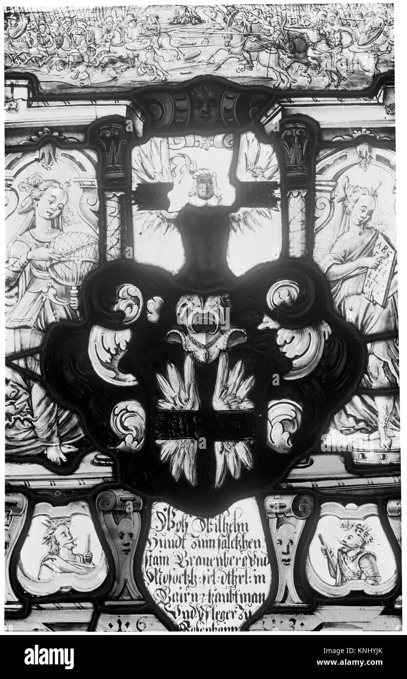 Kampf und allegorische Figuren mit dem Wappen von Wilhelm Hundt MET 2645 189297 Deutsch, Kampf und allegorische Figuren mit dem Wappen von Wilhelm Hundt, 1603, Glas, 32 x 21 in. (81,3 x 53,3 cm). Das Metropolitan Museum of Art, New York. Rogers Fund 1907 (07.218.2) Stockfoto