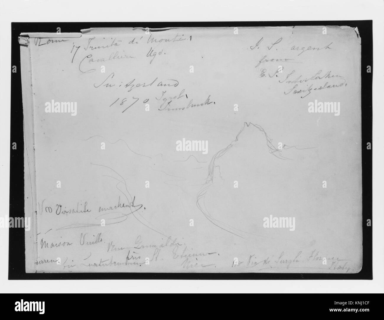 Die erste Seite eines Aquarell-Skizzenbuches, das Berglandschaften zeigt und für künstlerische Studien, Illustrationen und Dokumentation der Naturlandschaft verwendet wird. Stockfoto