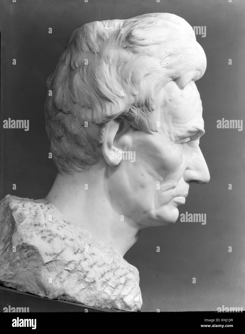 Porträt von Abraham Lincoln, 16. US-Präsident, mit Gesichtszügen, Kleidung und würdevoller Haltung. künstlerische Techniken des 19. Jahrhunderts reflektieren. Stockfoto