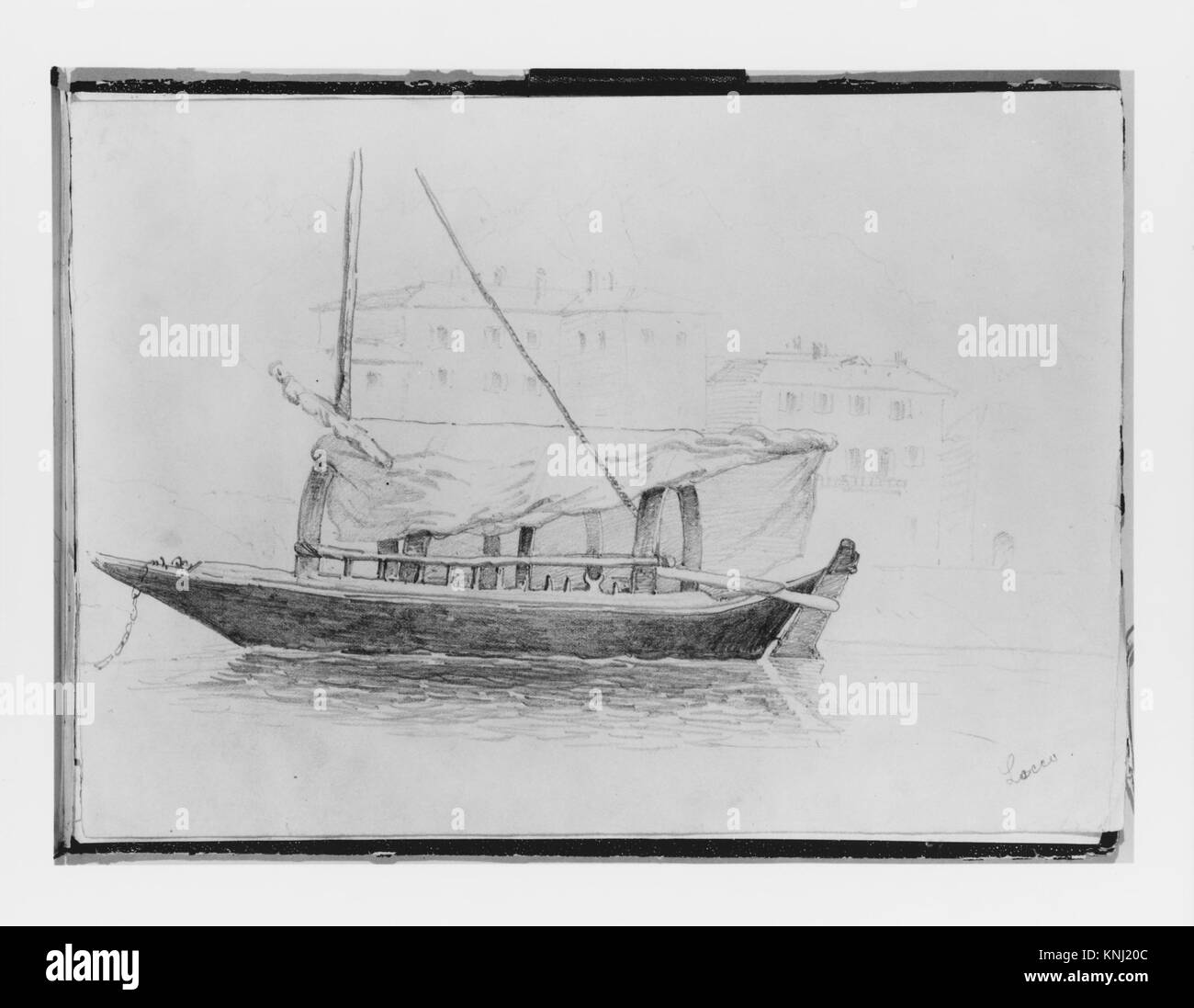 Skizze eines Bootes auf dem Lecco-See, gezeichnet von John Singer Sargent um 1869, zeigt detaillierte Landschaft und Wasserszene mit Bleistift und Tinte. Stockfoto