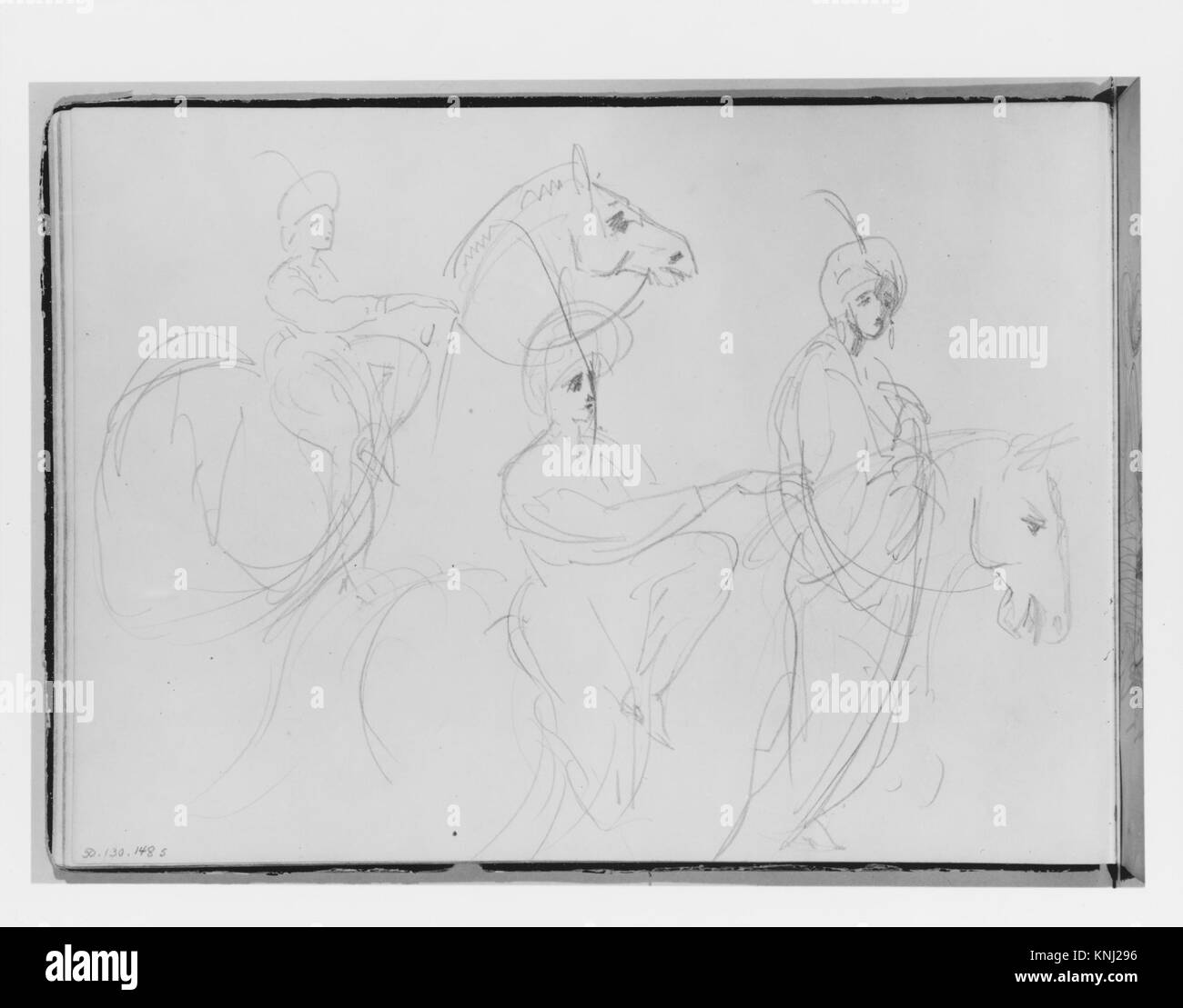 Diese Abbildung zeigt einen Reiter aus der Schweiz (1870), der anatomische Genauigkeit, Haltung des Pferdes und detaillierte Skizzen in einem historischen Kontext hervorhebt. Stockfoto