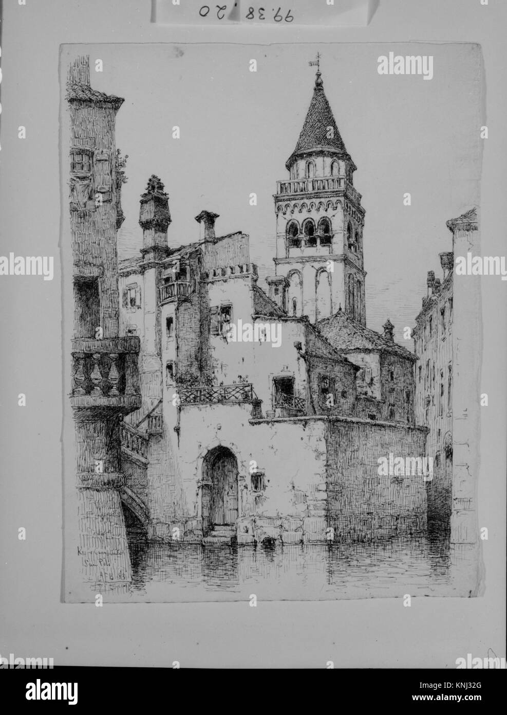 Darstellung des Campanile und Rio di San Polo in Venedig mit architektonischen Wahrzeichen, urbaner Landschaft und malerischen Wasserstraßen der Stadt. Stockfoto