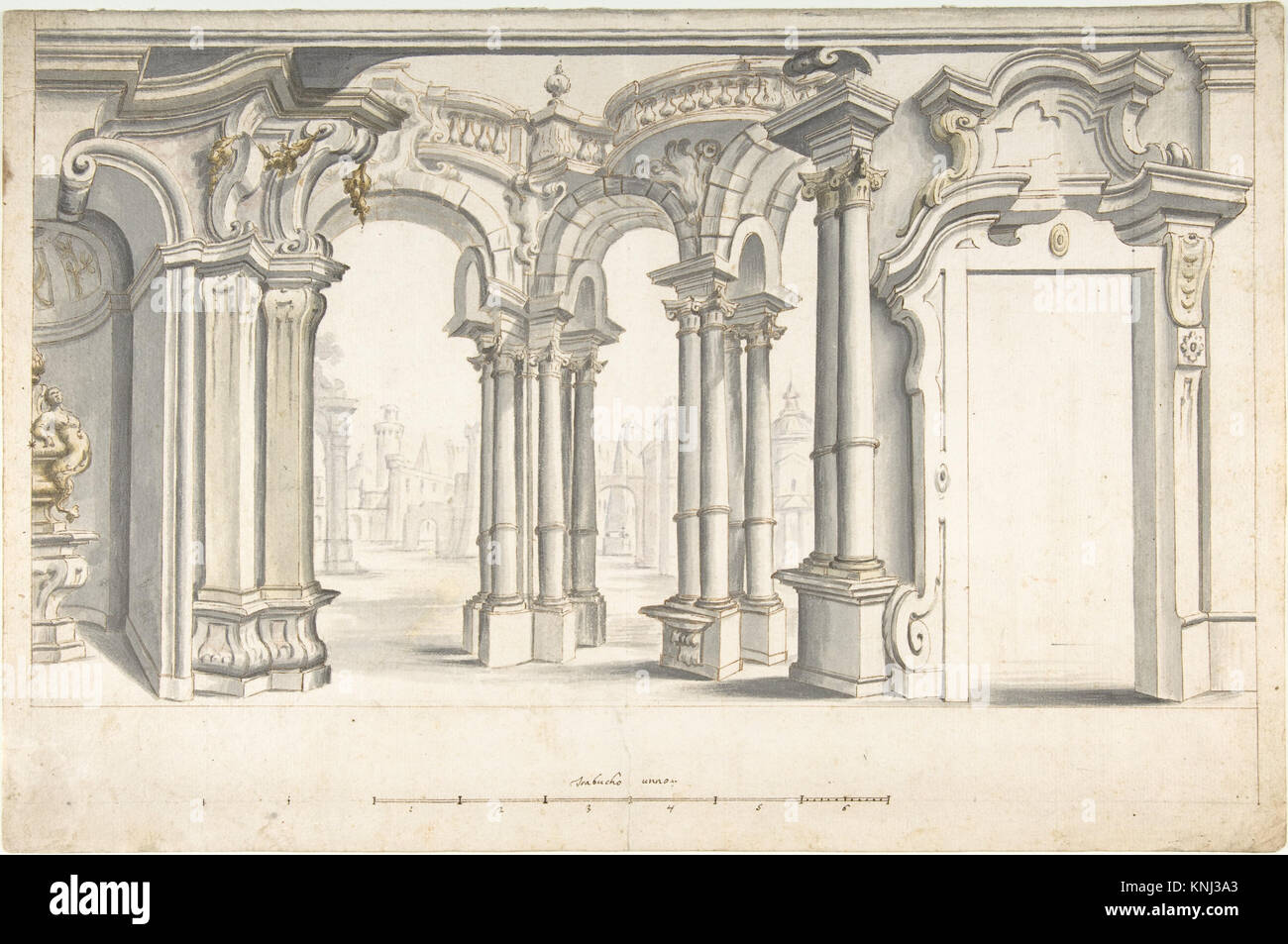 Design for a Painted Perspective Wanddekoration, Anonym, Italienisch, Piemont, 18. Jahrhundert, Datum: 1700-1780, Medium: Stift und braune Tinte, Bürste und graue und gelbe Wäsche, über schwarzer Kreide, mit linierter Konstruktion. Messskala in Stift und brauner Tinte Stockfoto