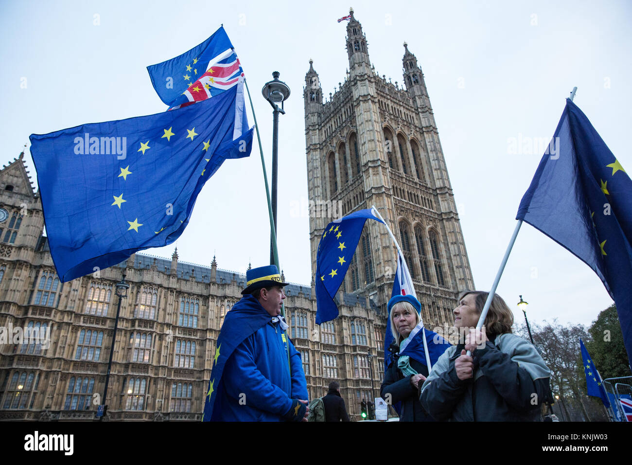 London, Großbritannien. 12 Dez, 2017. Anti-Brexit Demonstranten wave Europäische Union Flaggen außerhalb des Parlaments. Credit: Mark Kerrison/Alamy leben Nachrichten Stockfoto