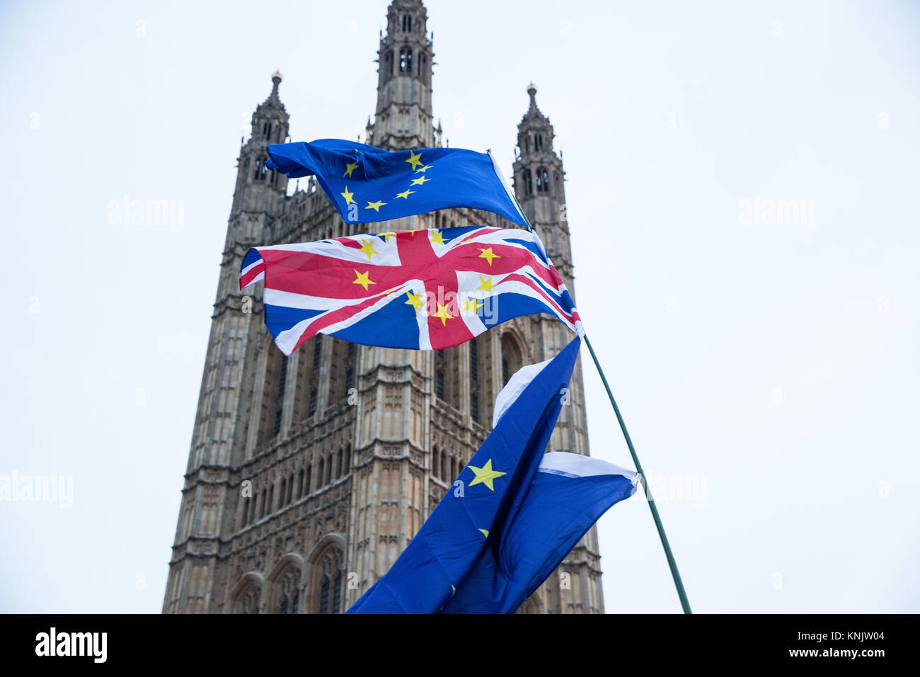 London, Großbritannien. 12 Dez, 2017. Anti-Brexit Demonstranten wave Europäische Union Flaggen außerhalb des Parlaments. Credit: Mark Kerrison/Alamy leben Nachrichten Stockfoto