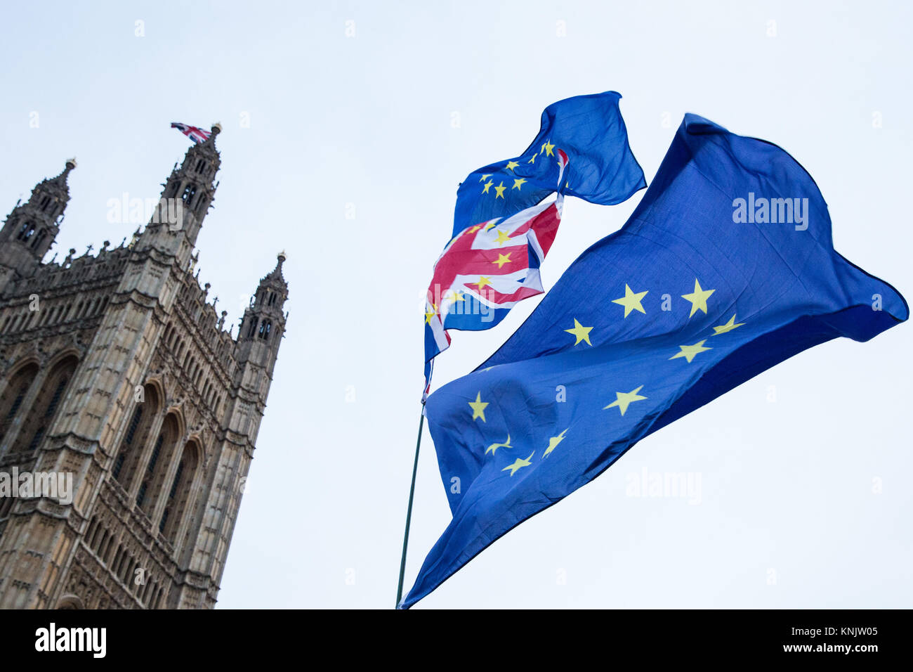 London, Großbritannien. 12 Dez, 2017. Anti-Brexit Demonstranten wave Europäische Union Flaggen außerhalb des Parlaments. Credit: Mark Kerrison/Alamy leben Nachrichten Stockfoto