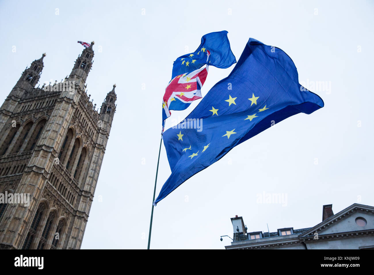 London, Großbritannien. 12 Dez, 2017. Anti-Brexit Demonstranten wave Europäische Union Flaggen außerhalb des Parlaments. Credit: Mark Kerrison/Alamy leben Nachrichten Stockfoto