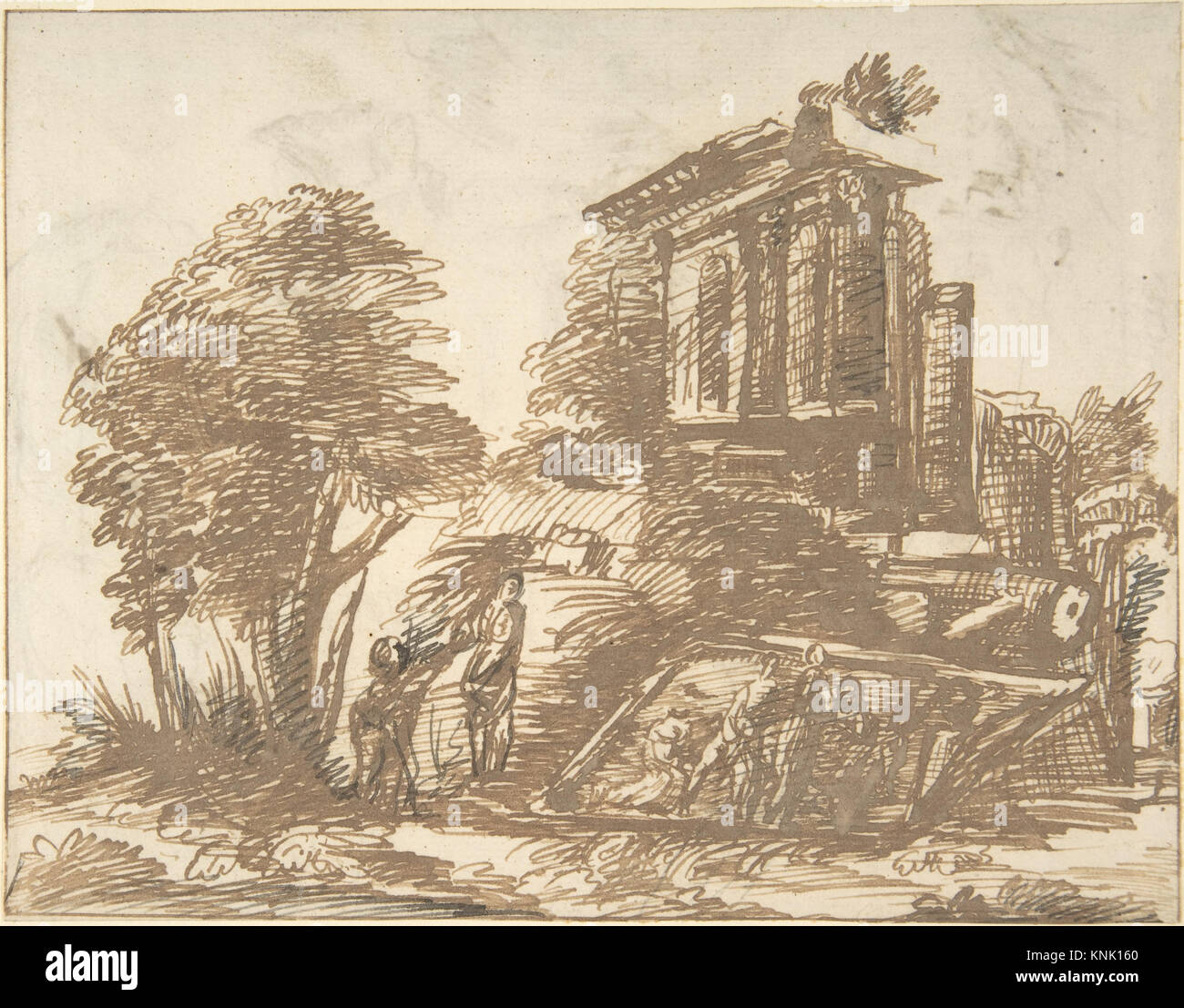 Figuren in einer Landschaft mit klassischen Ruinen (Recto); sechs-Figuren-Studien (Verso), Zeichnen, Anonym, Italienisch, Roman-Bolognese, 17. Jahrhundert, Recto, 17. Jahrhundert Stockfoto