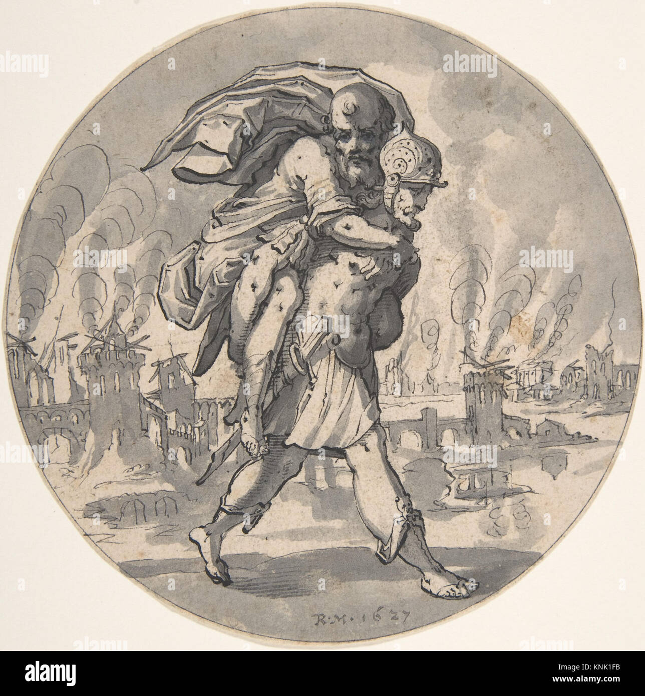 Aeneas rettet seinen Vater aus Burning Troy, gemalt von Schweizer Ätzer, Maler und Schriftsteller Rudolf Meyer (1605-1638), 1627 Stockfoto