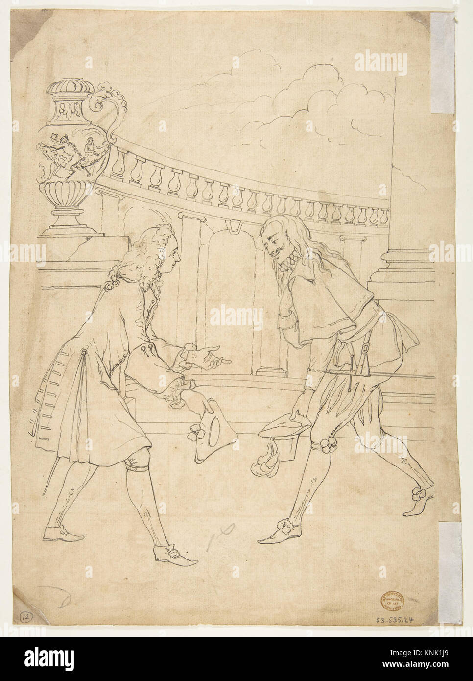 Achtzehn Szenen des Courtship (Recto), Study of Two Men Meeting Before a Portico Stockfoto