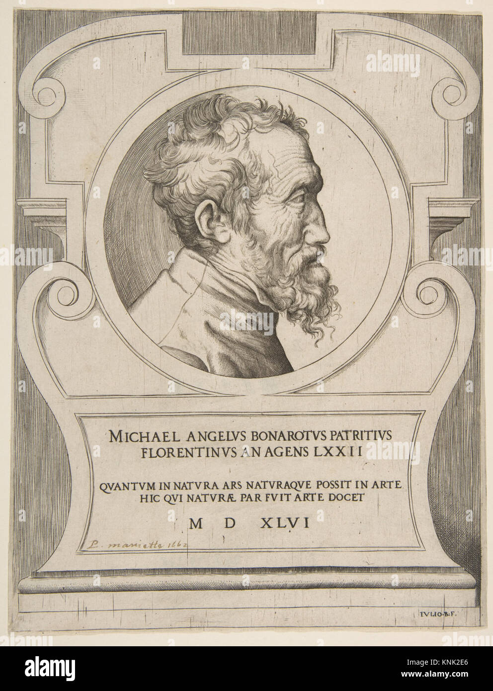 Das Bust-Portrait von Michelangelo nach rechts, in einer Kartusche. Künstler: Giulio Bonasone, Italiener, aktives Rom und Bologna, 1531 nach 1576, 1546, Gravur Stockfoto